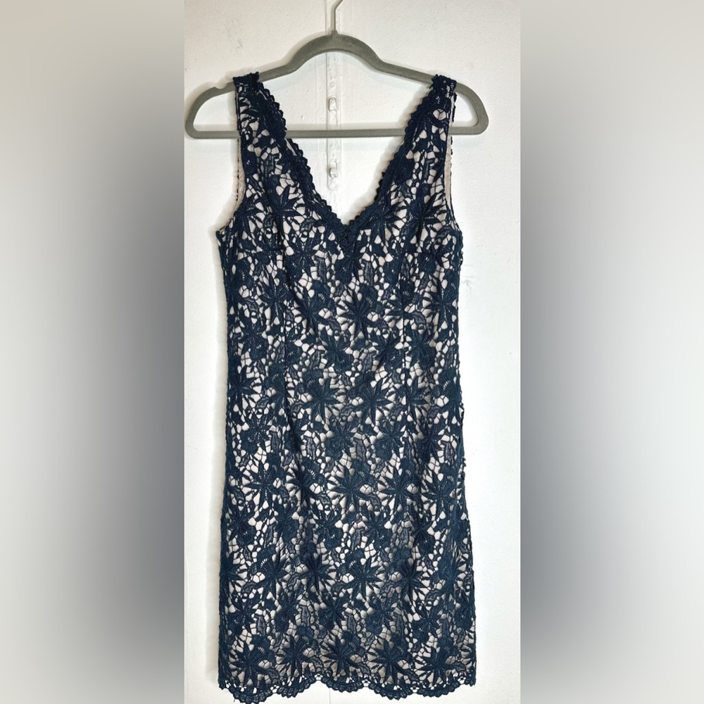 Ann Taylor Navy Scalloped Lace V Neck Dress